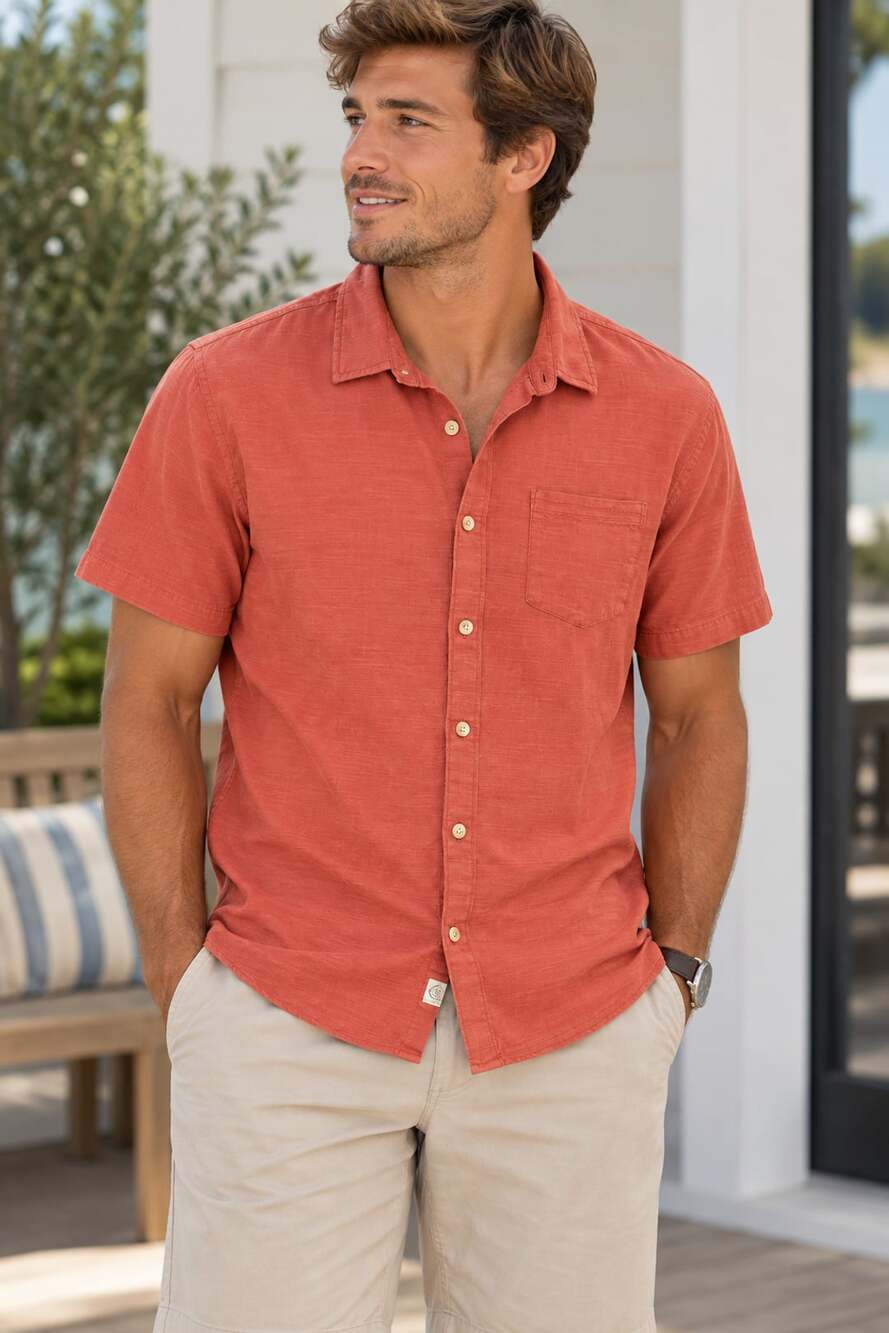 Marine Layer Men's Short-Sleeve Button-Up Shirt Medium Coral Red Cotton Blend